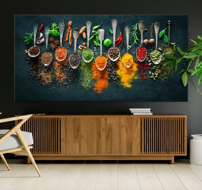 The Herbs and Spices Kitchen Wall Art Canvas Print beautifully adorns a modern living room. Made on museum-quality canvas with a UV-protective coating, this ready-to-hang piece enhances any space with its vivid charm.