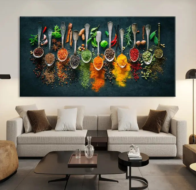 The Herbs and Spices Kitchen Wall Art Canvas Print beautifully adorns a modern living room. Made on museum-quality canvas with a UV-protective coating, this ready-to-hang piece enhances any space with its vivid charm.