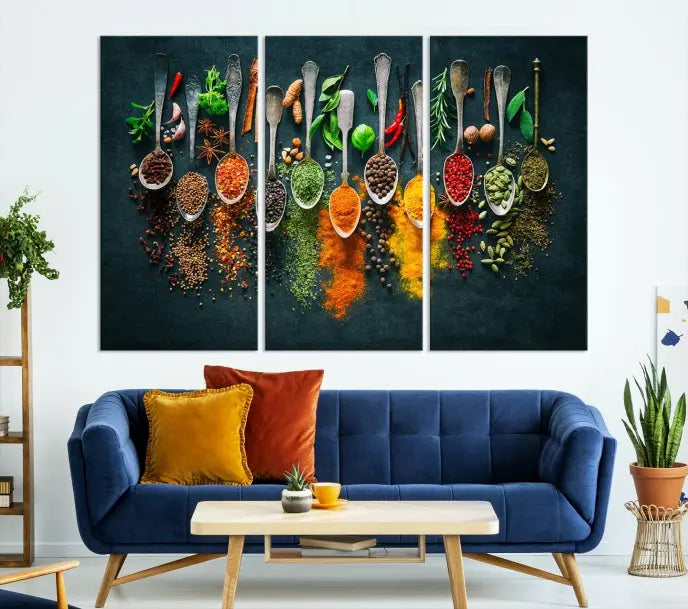 The Herbs and Spices Kitchen Wall Art Canvas Print beautifully adorns a modern living room. Made on museum-quality canvas with a UV-protective coating, this ready-to-hang piece enhances any space with its vivid charm.