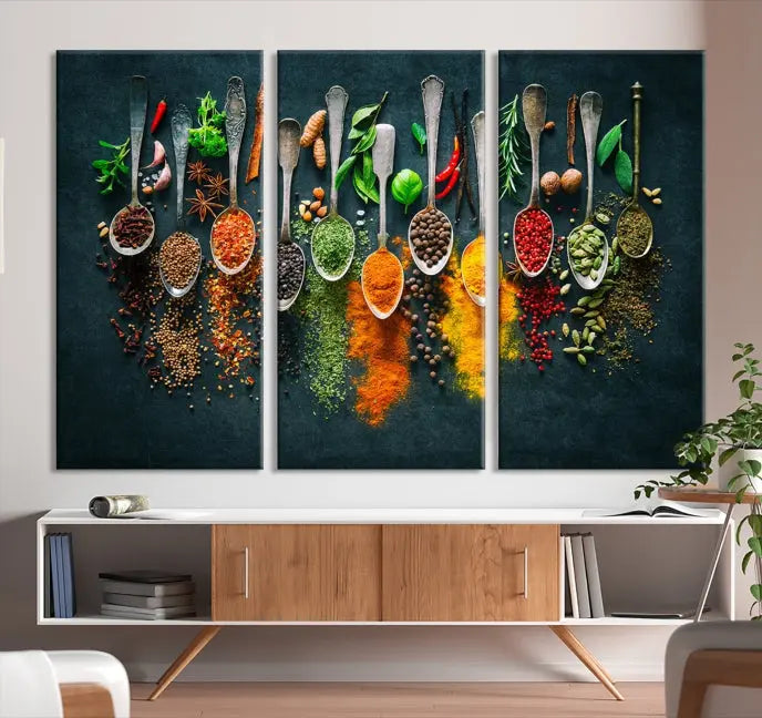 The Herbs and Spices Kitchen Wall Art Canvas Print beautifully adorns a modern living room. Made on museum-quality canvas with a UV-protective coating, this ready-to-hang piece enhances any space with its vivid charm.