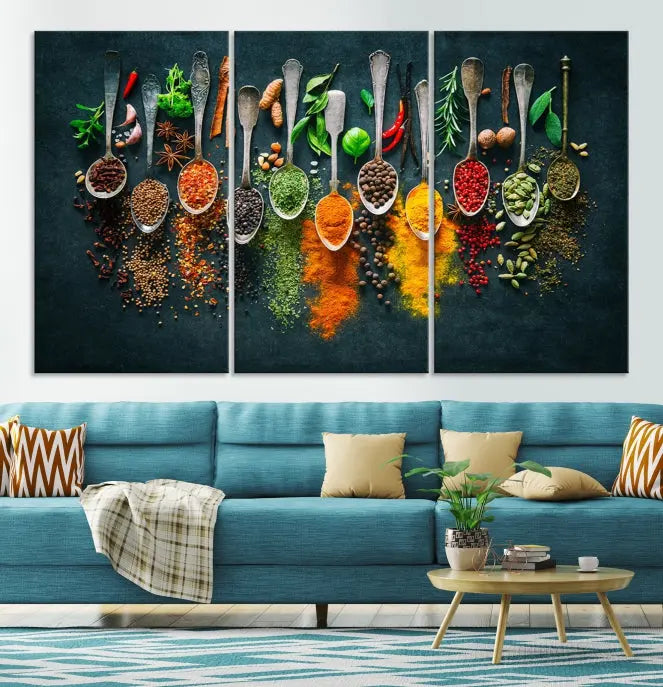 The Herbs and Spices Kitchen Wall Art Canvas Print beautifully adorns a modern living room. Made on museum-quality canvas with a UV-protective coating, this ready-to-hang piece enhances any space with its vivid charm.