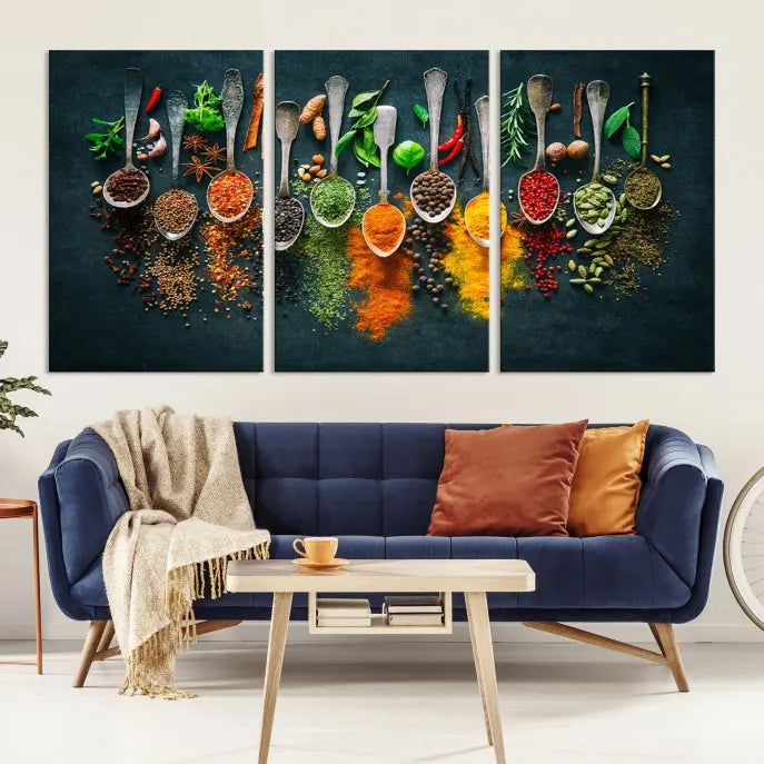 The Herbs and Spices Kitchen Wall Art Canvas Print beautifully adorns a modern living room. Made on museum-quality canvas with a UV-protective coating, this ready-to-hang piece enhances any space with its vivid charm.