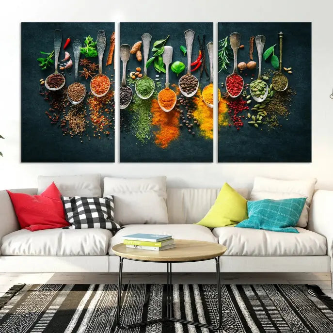 The Herbs and Spices Kitchen Wall Art Canvas Print beautifully adorns a modern living room. Made on museum-quality canvas with a UV-protective coating, this ready-to-hang piece enhances any space with its vivid charm.