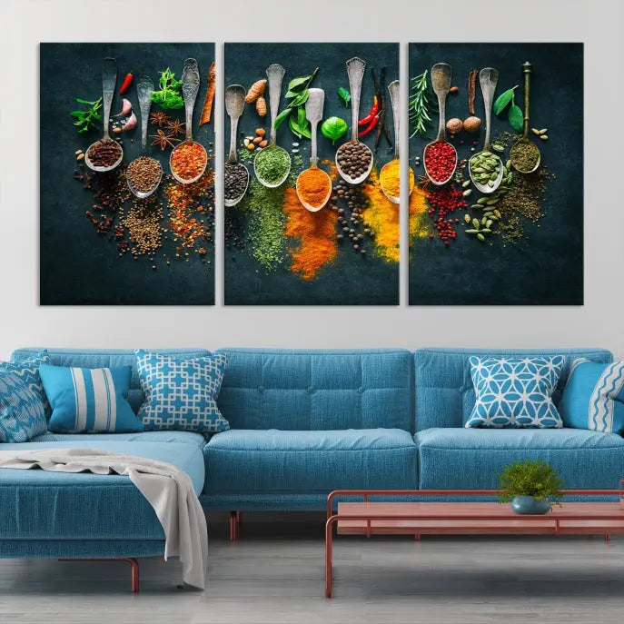 The Herbs and Spices Kitchen Wall Art Canvas Print beautifully adorns a modern living room. Made on museum-quality canvas with a UV-protective coating, this ready-to-hang piece enhances any space with its vivid charm.