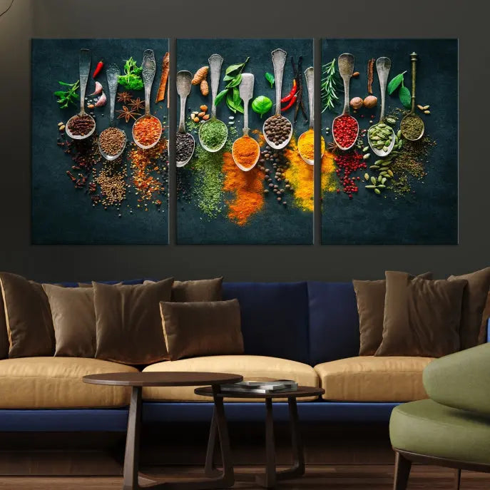 The Herbs and Spices Kitchen Wall Art Canvas Print beautifully adorns a modern living room. Made on museum-quality canvas with a UV-protective coating, this ready-to-hang piece enhances any space with its vivid charm.