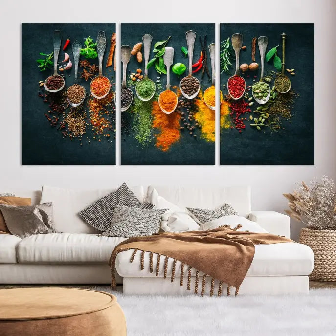 The Herbs and Spices Kitchen Wall Art Canvas Print beautifully adorns a modern living room. Made on museum-quality canvas with a UV-protective coating, this ready-to-hang piece enhances any space with its vivid charm.