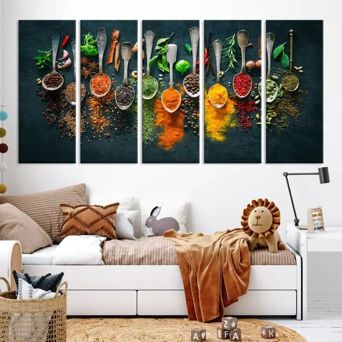 The Herbs and Spices Kitchen Wall Art Canvas Print beautifully adorns a modern living room. Made on museum-quality canvas with a UV-protective coating, this ready-to-hang piece enhances any space with its vivid charm.