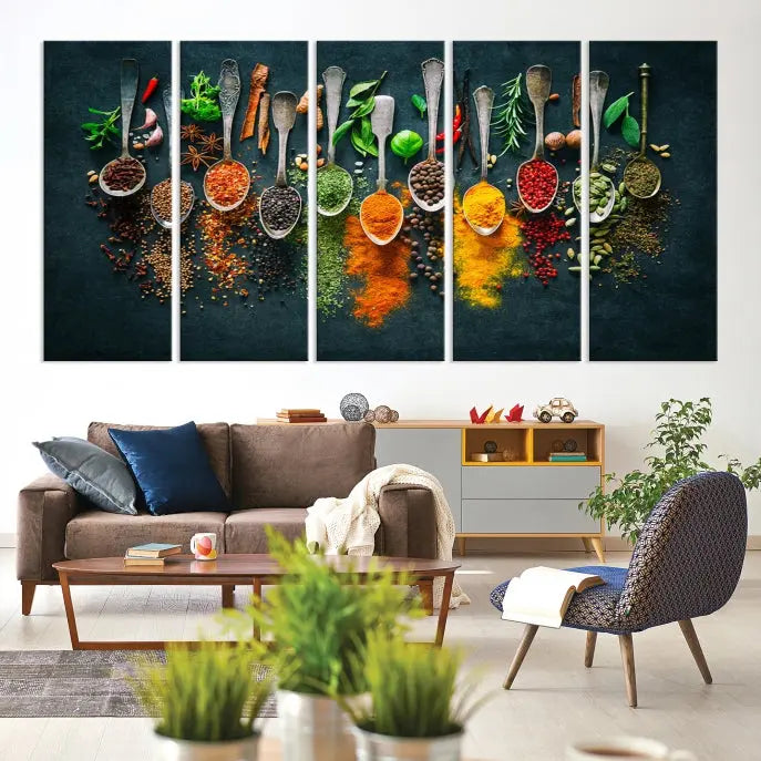 The Herbs and Spices Kitchen Wall Art Canvas Print beautifully adorns a modern living room. Made on museum-quality canvas with a UV-protective coating, this ready-to-hang piece enhances any space with its vivid charm.