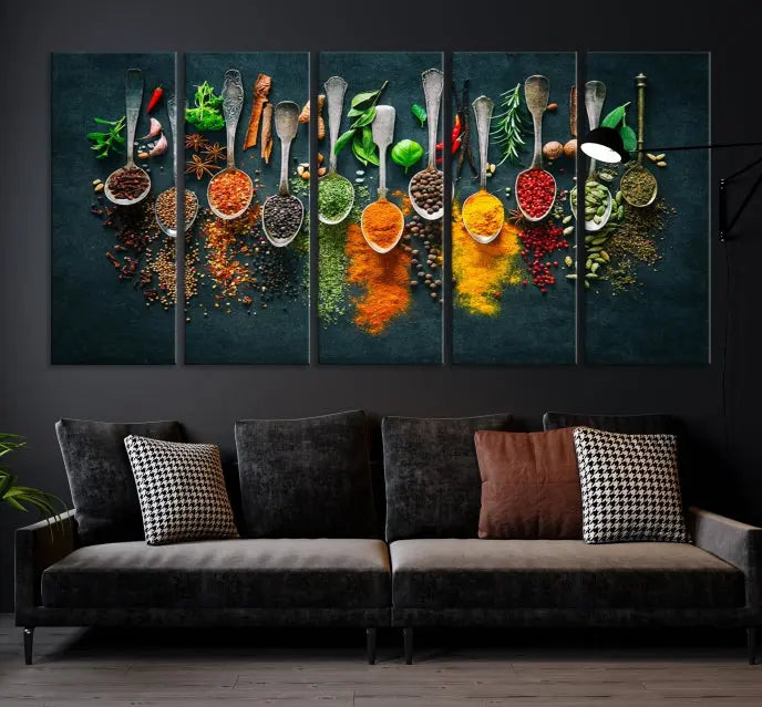 The Herbs and Spices Kitchen Wall Art Canvas Print beautifully adorns a modern living room. Made on museum-quality canvas with a UV-protective coating, this ready-to-hang piece enhances any space with its vivid charm.