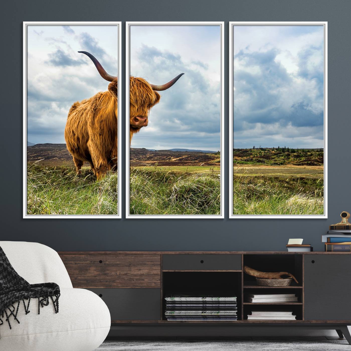 74693-MGV-FC-48X32-3P_White-Highland Cattle Wall Art Cow Canvas Print Animal Art