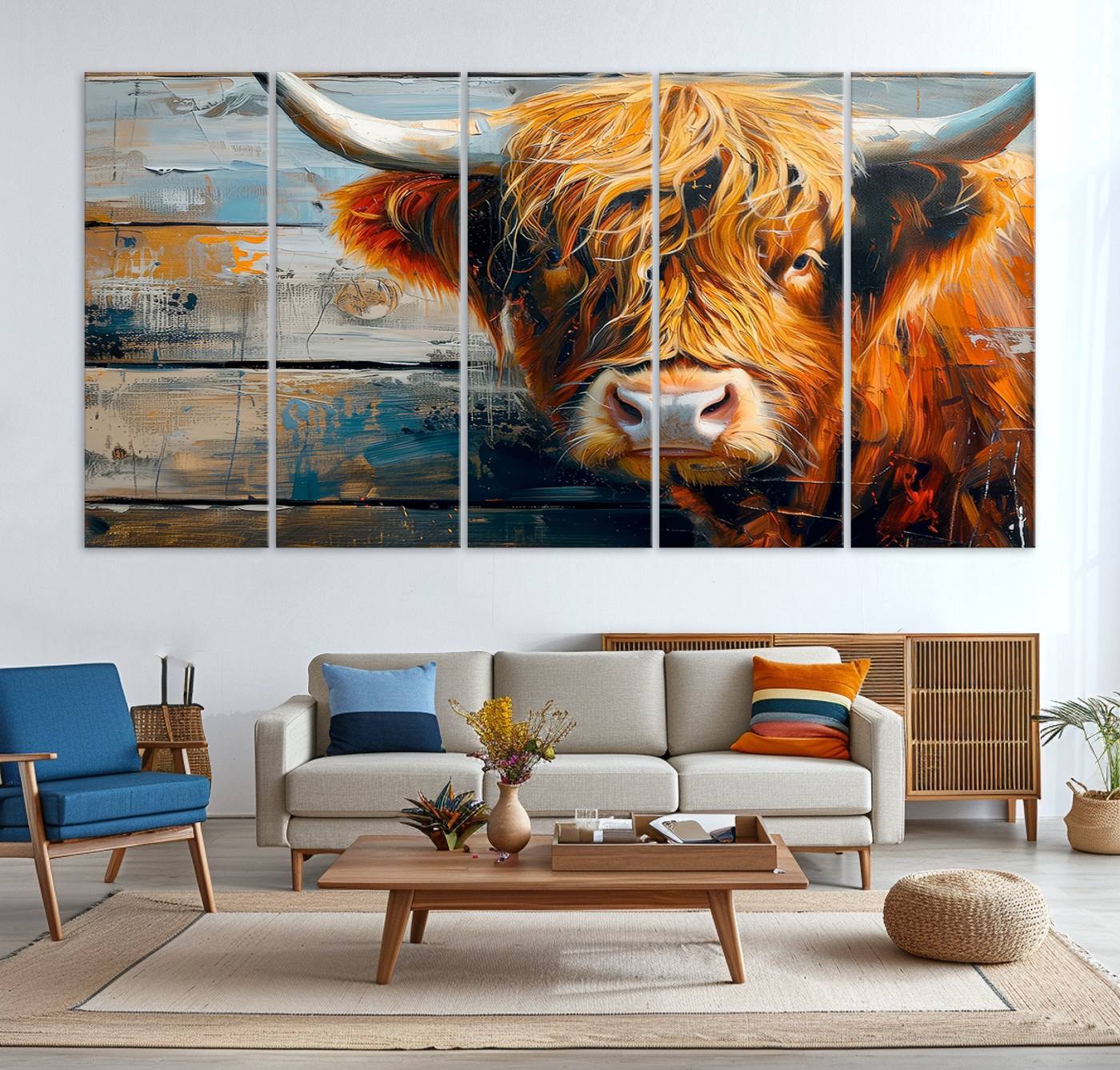92312-MGV-CV-36X24-Highland Cow Abstract Canvas Wall Art – Bold Farmhouse Rustic Decor – Ready to Hang