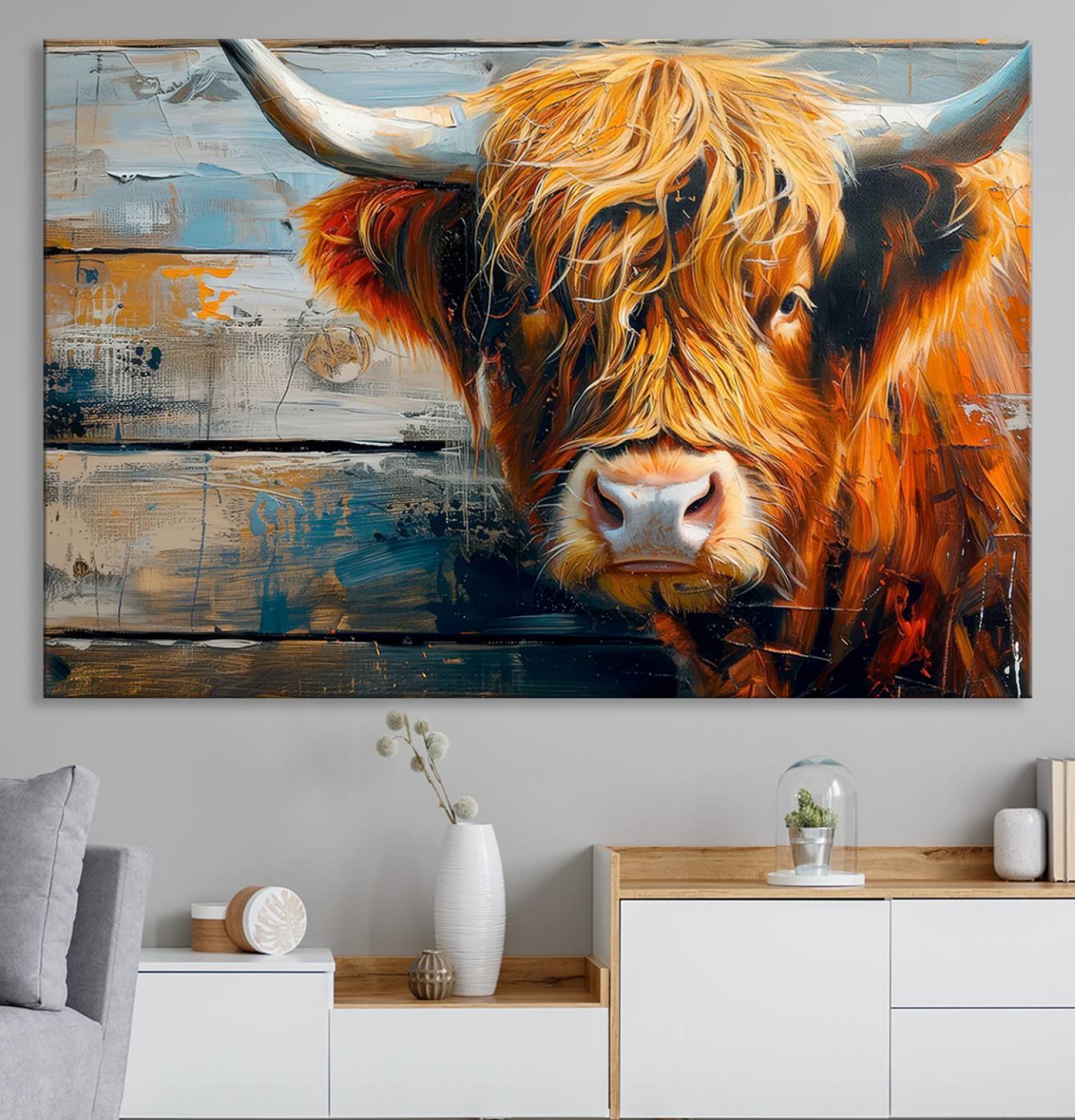 92312-MGV-CV-36X24-Highland Cow Abstract Canvas Wall Art – Bold Farmhouse Rustic Decor – Ready to Hang