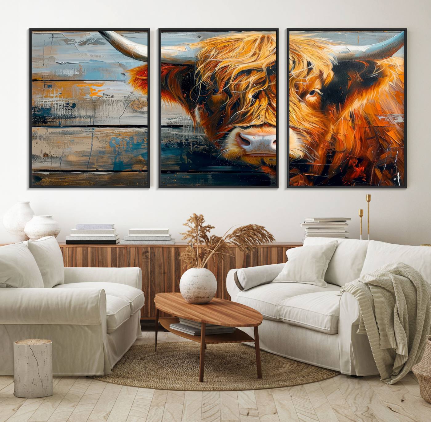 92312-MGV-FC-60X30-3P_Black-Highland Cow Abstract Canvas Wall Art – Bold Farmhouse Rustic Decor – Ready to Hang