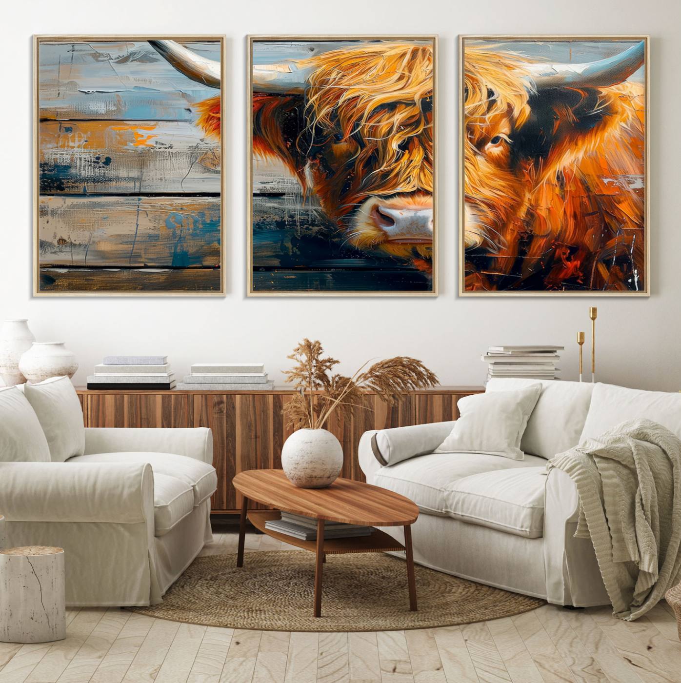 92312-MGV-FC-60X30-3P_Natural-Highland Cow Abstract Canvas Wall Art – Bold Farmhouse Rustic Decor – Ready to Hang