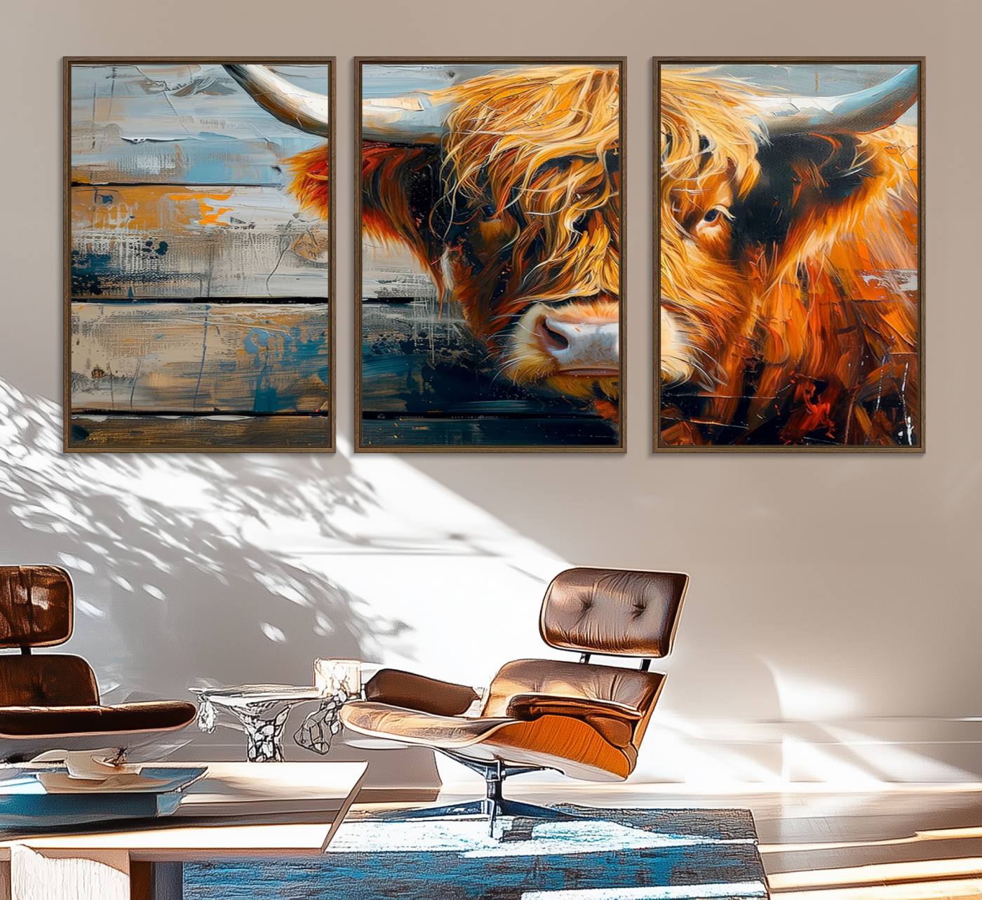 92312-MGV-FC-60X30-3P_Walnut-Highland Cow Abstract Canvas Wall Art – Bold Farmhouse Rustic Decor – Ready to Hang
