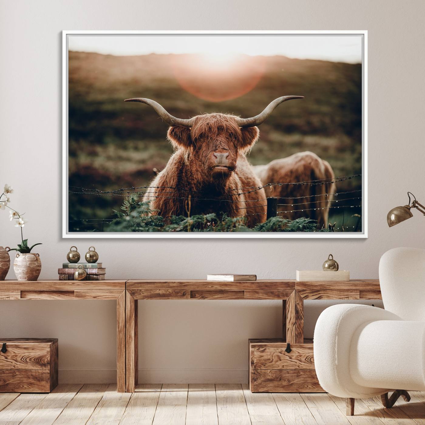 13059-MGV-FC-36X24_White-Highland Cow Animal Canvas Wall Art Texas Cattle Art Print Farmhouse Wall Art Canvas Print