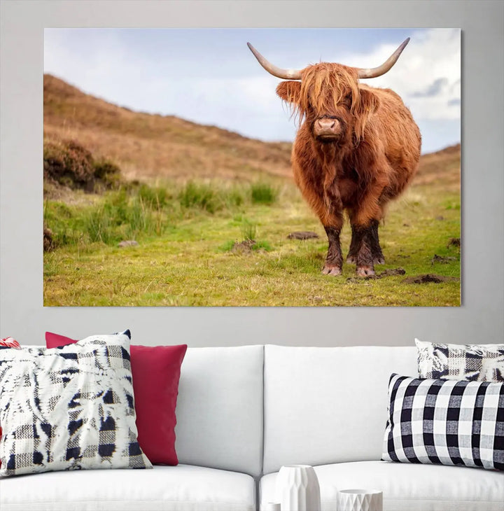 The "Highland Cow Animal Canvas Wall Art Texas Cattle Art Print Farmhouse Wall Art Canvas Print," featuring a highland cow on museum-quality canvas with a UV-protective coating, is displayed prominently.