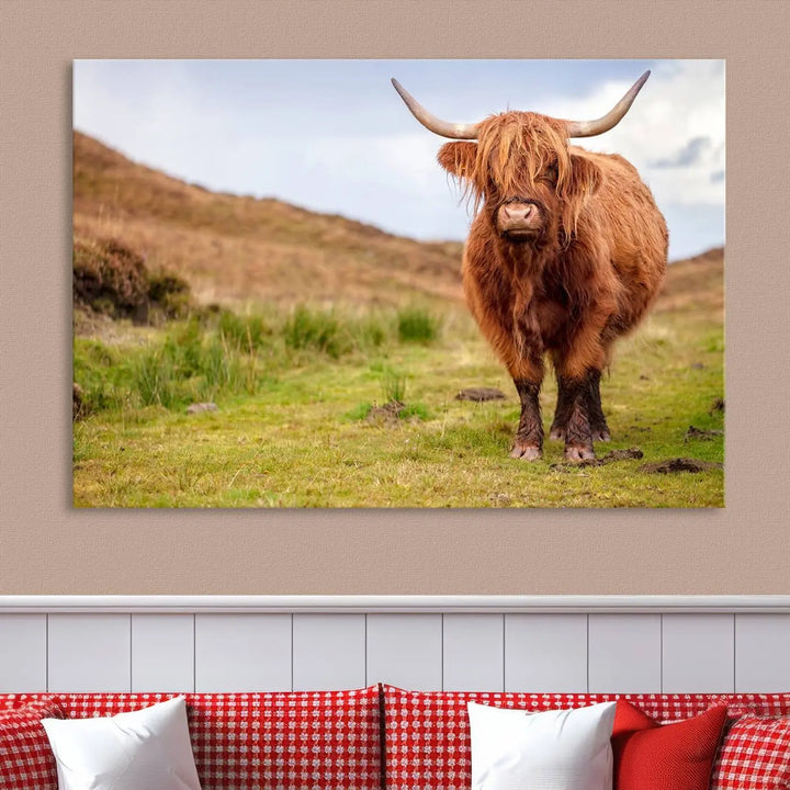 The "Highland Cow Animal Canvas Wall Art Texas Cattle Art Print Farmhouse Wall Art Canvas Print," featuring a highland cow on museum-quality canvas with a UV-protective coating, is displayed prominently.