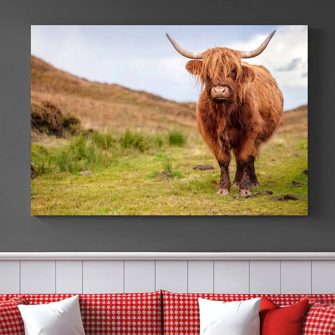 The "Highland Cow Animal Canvas Wall Art Texas Cattle Art Print Farmhouse Wall Art Canvas Print," featuring a highland cow on museum-quality canvas with a UV-protective coating, is displayed prominently.