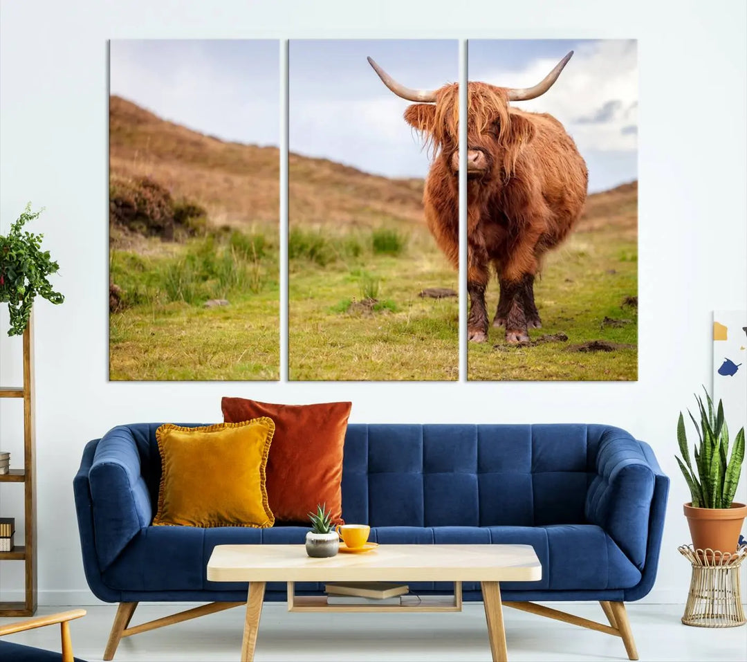 The "Highland Cow Animal Canvas Wall Art Texas Cattle Art Print Farmhouse Wall Art Canvas Print," featuring a highland cow on museum-quality canvas with a UV-protective coating, is displayed prominently.