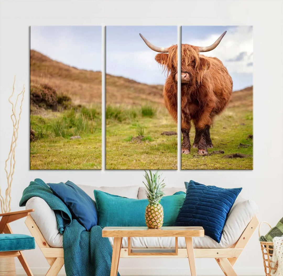 The "Highland Cow Animal Canvas Wall Art Texas Cattle Art Print Farmhouse Wall Art Canvas Print," featuring a highland cow on museum-quality canvas with a UV-protective coating, is displayed prominently.