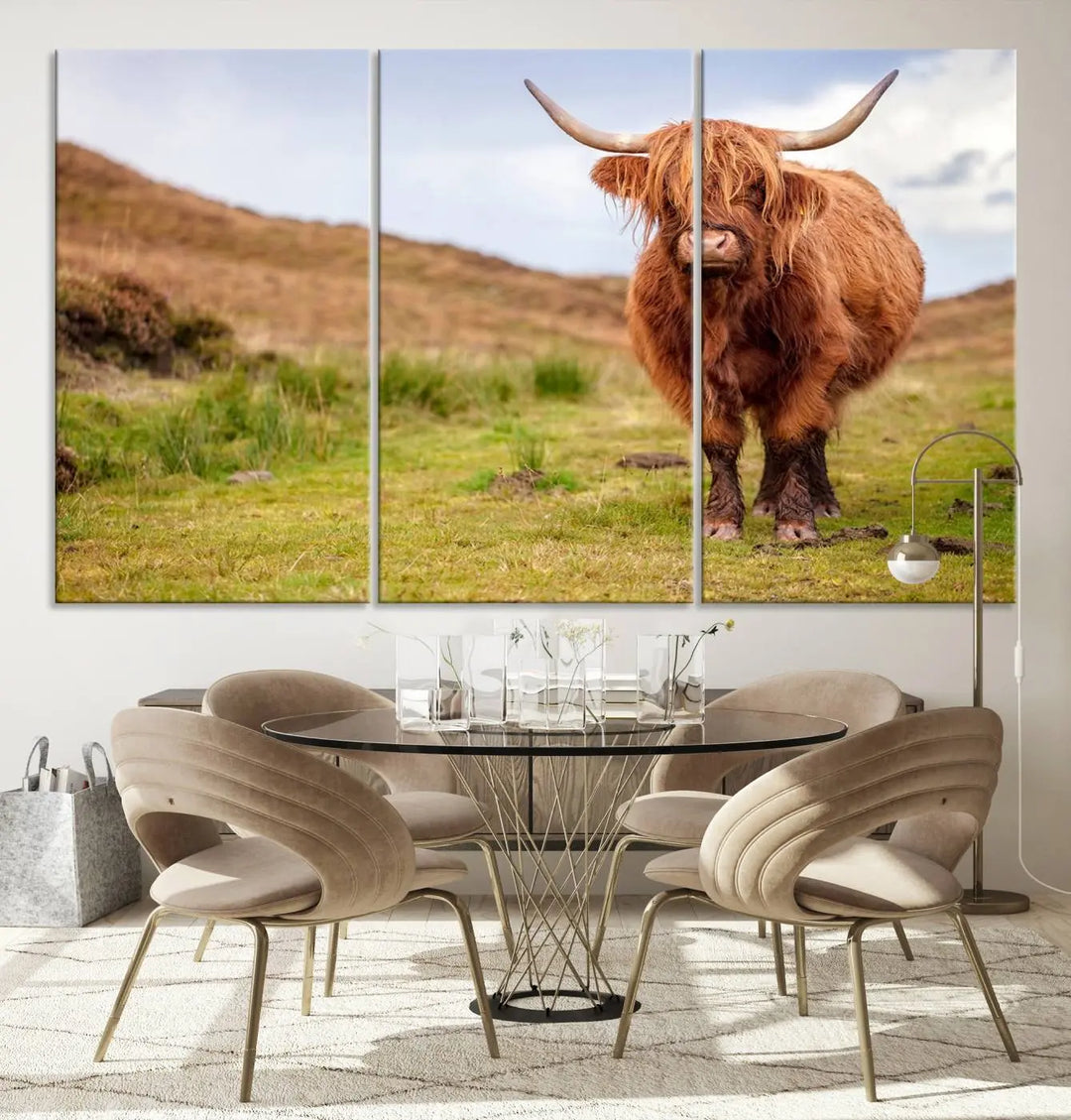 The "Highland Cow Animal Canvas Wall Art Texas Cattle Art Print Farmhouse Wall Art Canvas Print," featuring a highland cow on museum-quality canvas with a UV-protective coating, is displayed prominently.