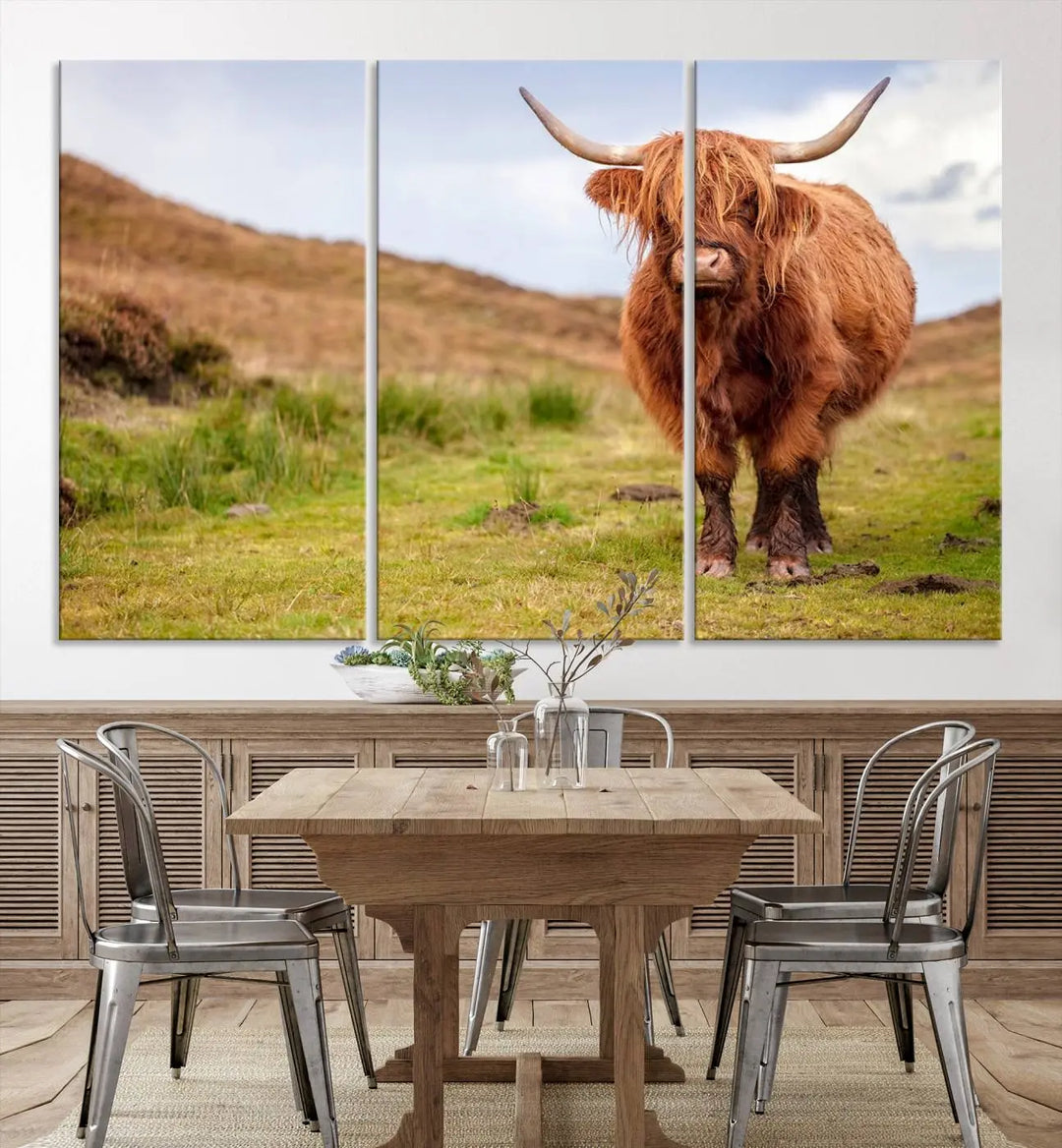 The "Highland Cow Animal Canvas Wall Art Texas Cattle Art Print Farmhouse Wall Art Canvas Print," featuring a highland cow on museum-quality canvas with a UV-protective coating, is displayed prominently.