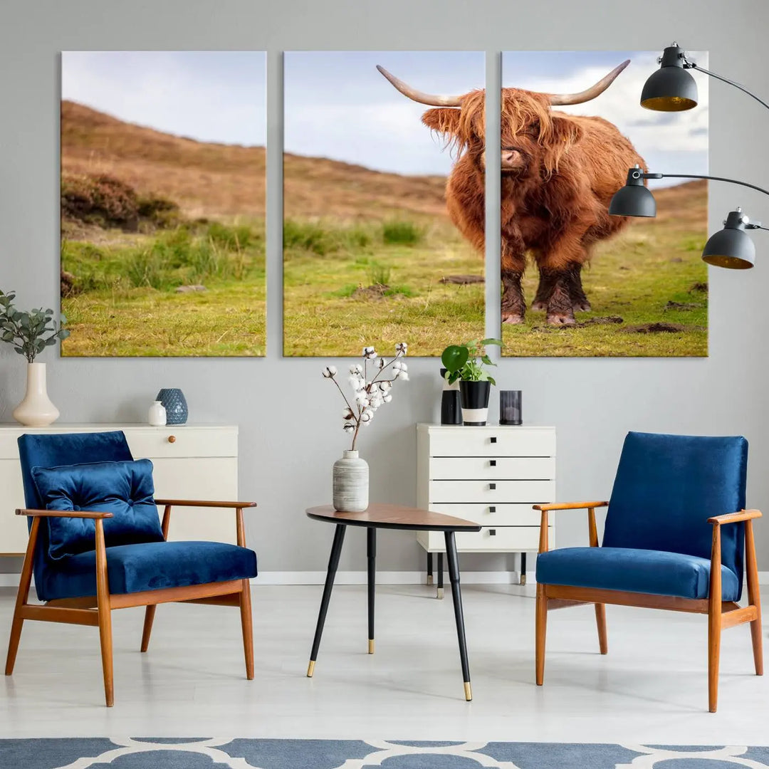 The "Highland Cow Animal Canvas Wall Art Texas Cattle Art Print Farmhouse Wall Art Canvas Print," featuring a highland cow on museum-quality canvas with a UV-protective coating, is displayed prominently.