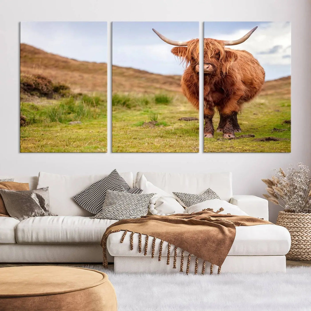 The "Highland Cow Animal Canvas Wall Art Texas Cattle Art Print Farmhouse Wall Art Canvas Print," featuring a highland cow on museum-quality canvas with a UV-protective coating, is displayed prominently.