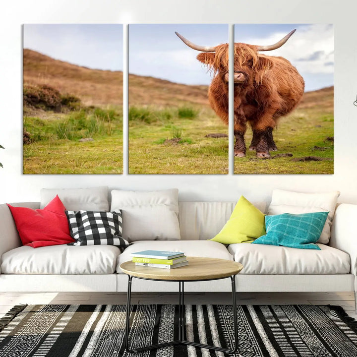 The "Highland Cow Animal Canvas Wall Art Texas Cattle Art Print Farmhouse Wall Art Canvas Print," featuring a highland cow on museum-quality canvas with a UV-protective coating, is displayed prominently.