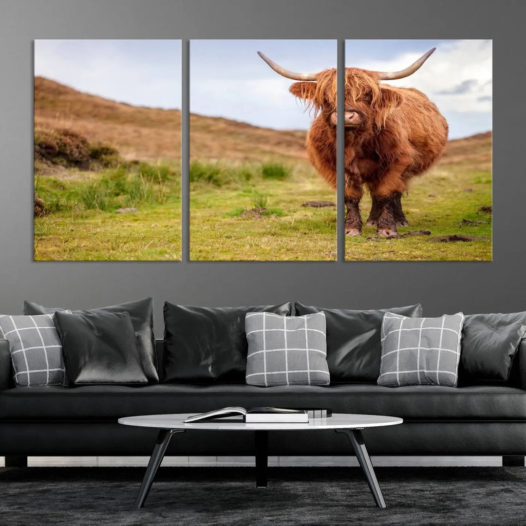 The "Highland Cow Animal Canvas Wall Art Texas Cattle Art Print Farmhouse Wall Art Canvas Print," featuring a highland cow on museum-quality canvas with a UV-protective coating, is displayed prominently.