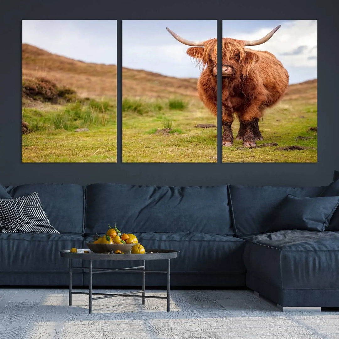 The "Highland Cow Animal Canvas Wall Art Texas Cattle Art Print Farmhouse Wall Art Canvas Print," featuring a highland cow on museum-quality canvas with a UV-protective coating, is displayed prominently.