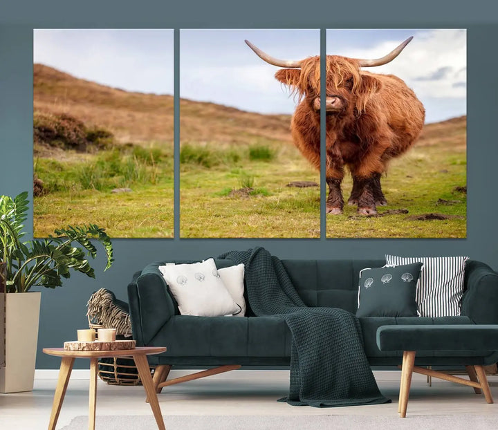 The "Highland Cow Animal Canvas Wall Art Texas Cattle Art Print Farmhouse Wall Art Canvas Print," featuring a highland cow on museum-quality canvas with a UV-protective coating, is displayed prominently.