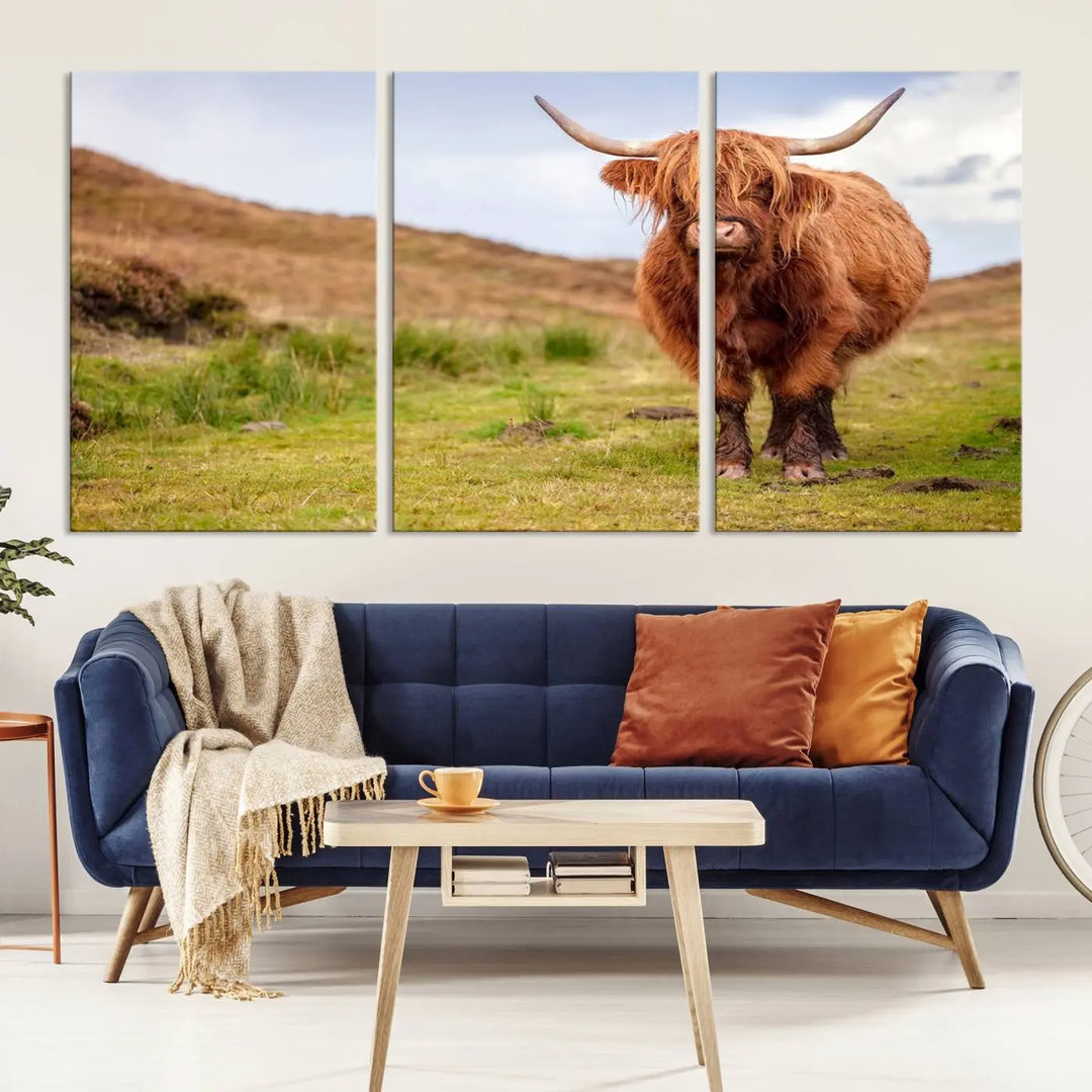 The "Highland Cow Animal Canvas Wall Art Texas Cattle Art Print Farmhouse Wall Art Canvas Print," featuring a highland cow on museum-quality canvas with a UV-protective coating, is displayed prominently.