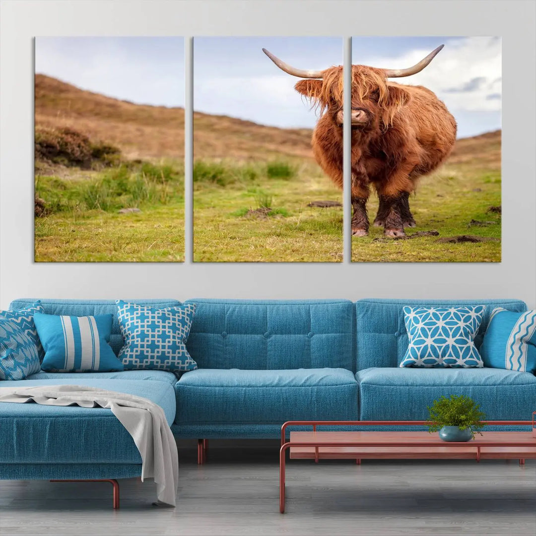 The "Highland Cow Animal Canvas Wall Art Texas Cattle Art Print Farmhouse Wall Art Canvas Print," featuring a highland cow on museum-quality canvas with a UV-protective coating, is displayed prominently.