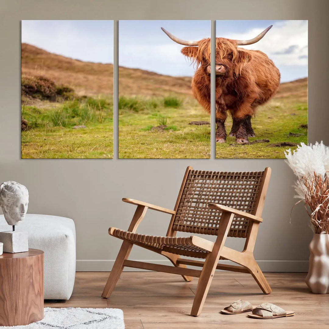 The "Highland Cow Animal Canvas Wall Art Texas Cattle Art Print Farmhouse Wall Art Canvas Print," featuring a highland cow on museum-quality canvas with a UV-protective coating, is displayed prominently.