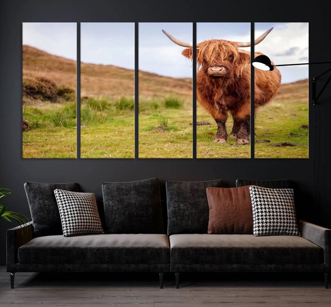 The "Highland Cow Animal Canvas Wall Art Texas Cattle Art Print Farmhouse Wall Art Canvas Print," featuring a highland cow on museum-quality canvas with a UV-protective coating, is displayed prominently.