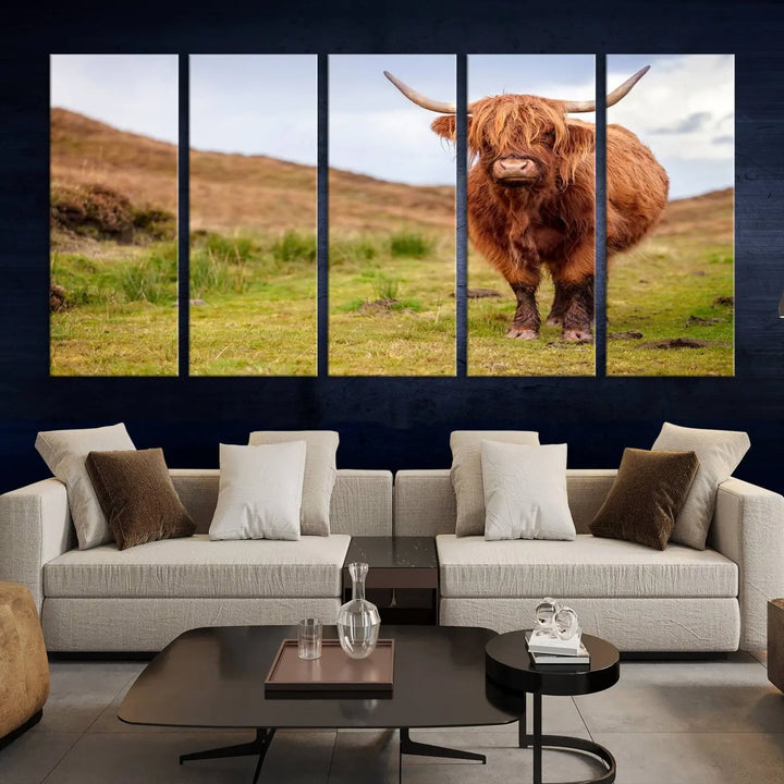 The "Highland Cow Animal Canvas Wall Art Texas Cattle Art Print Farmhouse Wall Art Canvas Print," featuring a highland cow on museum-quality canvas with a UV-protective coating, is displayed prominently.