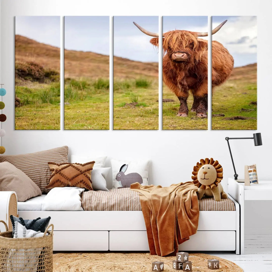 The "Highland Cow Animal Canvas Wall Art Texas Cattle Art Print Farmhouse Wall Art Canvas Print," featuring a highland cow on museum-quality canvas with a UV-protective coating, is displayed prominently.