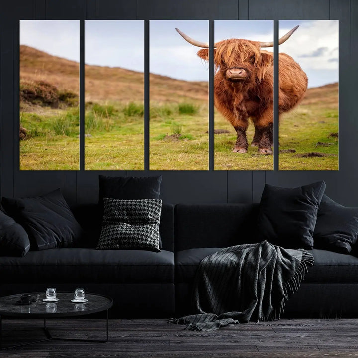 The "Highland Cow Animal Canvas Wall Art Texas Cattle Art Print Farmhouse Wall Art Canvas Print," featuring a highland cow on museum-quality canvas with a UV-protective coating, is displayed prominently.