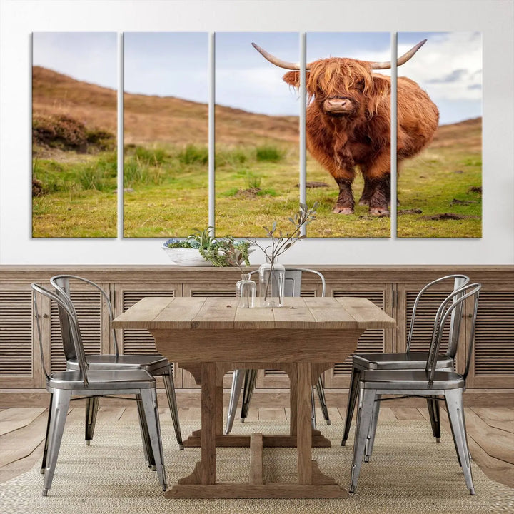 The "Highland Cow Animal Canvas Wall Art Texas Cattle Art Print Farmhouse Wall Art Canvas Print," featuring a highland cow on museum-quality canvas with a UV-protective coating, is displayed prominently.