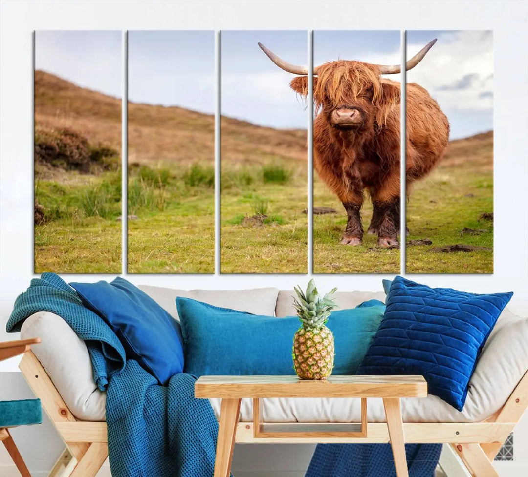 The "Highland Cow Animal Canvas Wall Art Texas Cattle Art Print Farmhouse Wall Art Canvas Print," featuring a highland cow on museum-quality canvas with a UV-protective coating, is displayed prominently.