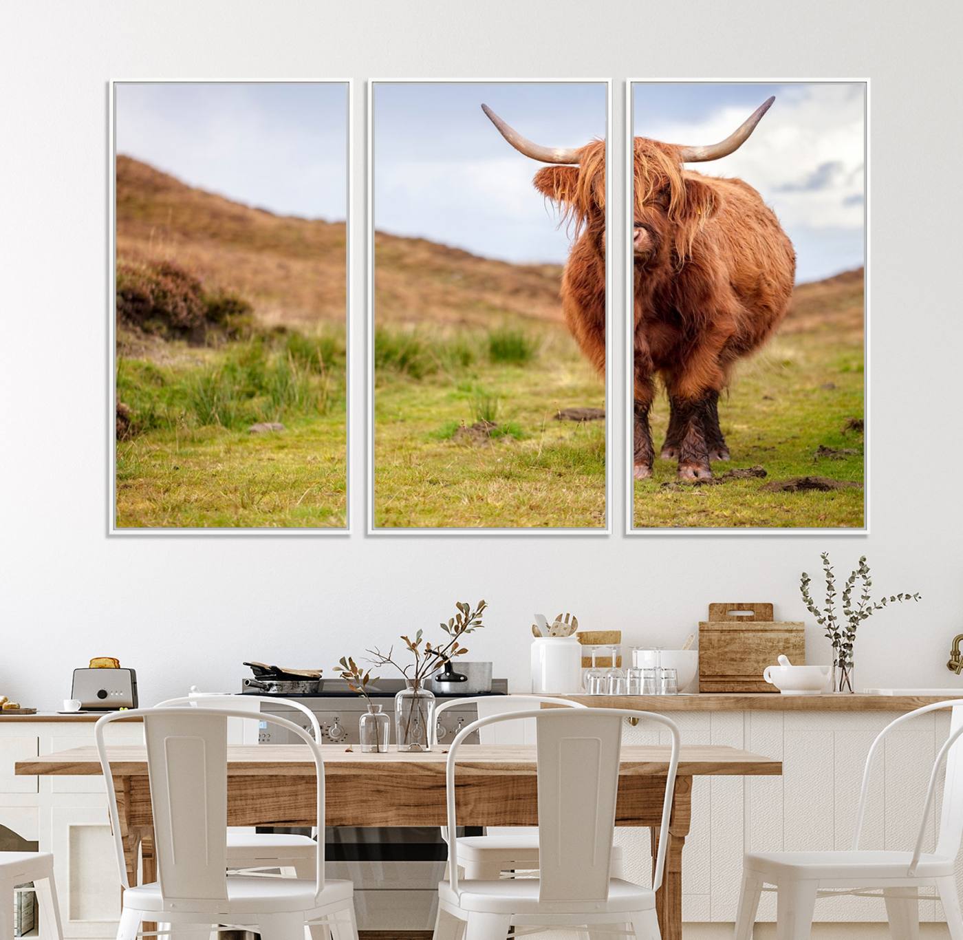 63076-MGV-FC-48X32-3P_White-Highland Cow Animal Canvas Wall Art Texas Cattle Art Print Farmhouse Wall Art Canvas Print