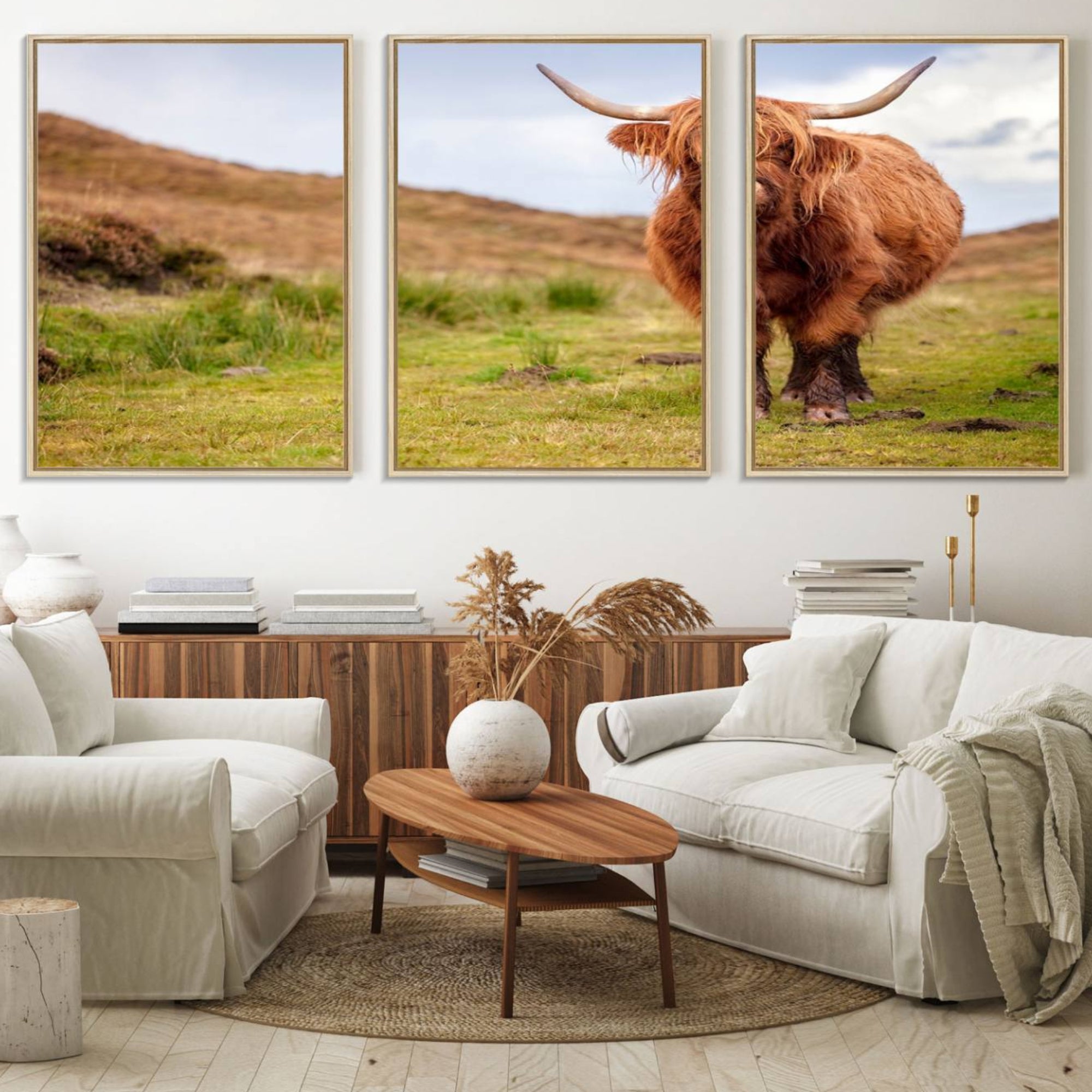 63076-MGV-FC-60X30-3P_Natural-Highland Cow Animal Canvas Wall Art Texas Cattle Art Print Farmhouse Wall Art Canvas Print