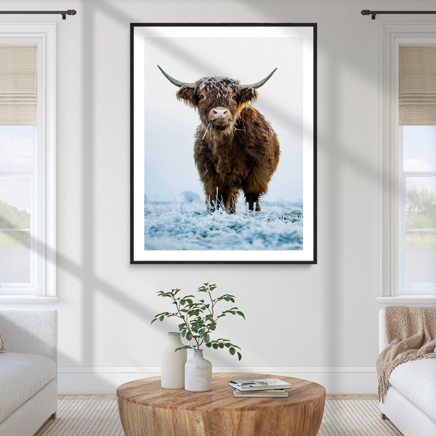 13375128-MGC-FP-36x24_Black-Highland Cow Canvas Print, Frosty Grass Print, Framed Winter Scene Art Print, Large Horned Animal Printing Rustic Farmhouse,
