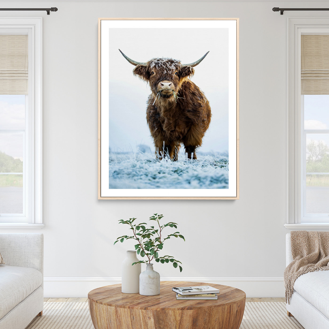 13375128-MGC-FP-36x24_Natural-Highland Cow Canvas Print, Frosty Grass Print, Framed Winter Scene Art Print, Large Horned Animal Printing Rustic Farmhouse,