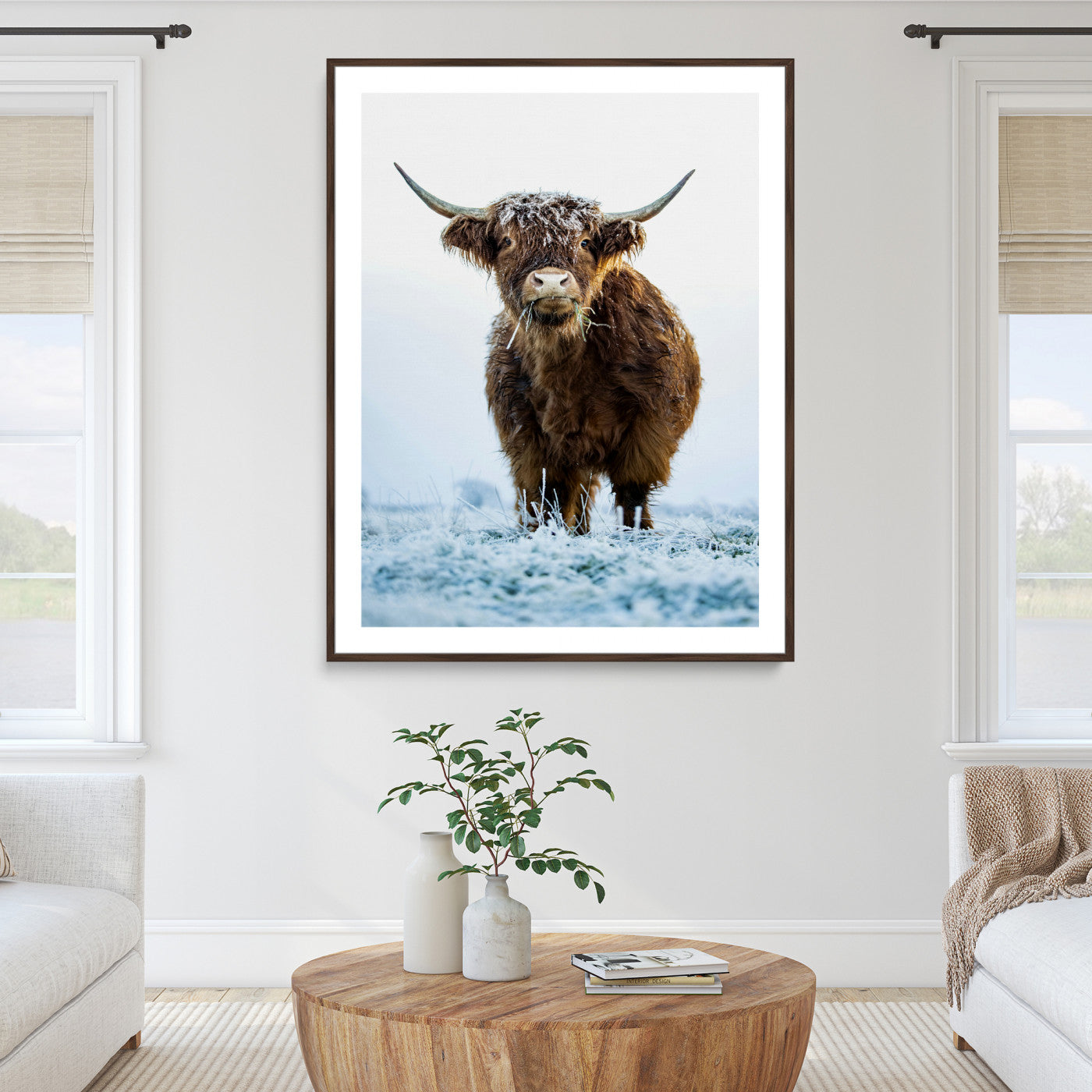 13375128-MGC-FP-36x24_Walnut-Highland Cow Canvas Print, Frosty Grass Print, Framed Winter Scene Art Print, Large Horned Animal Printing Rustic Farmhouse,