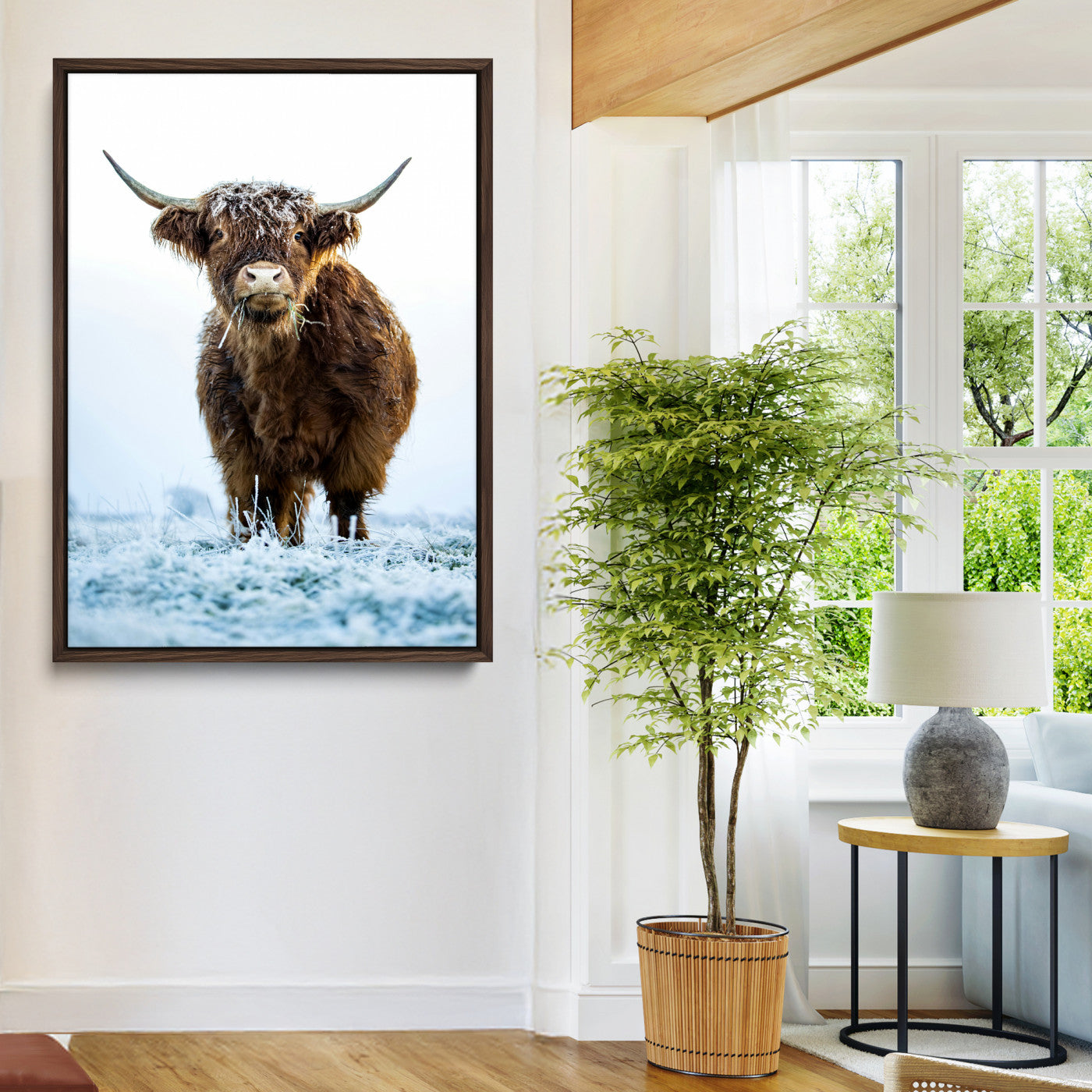 13375128-MGV-CV-36X24-Highland Cow Canvas Print, Frosty Grass Print, Framed Winter Scene Art Print, Large Horned Animal Printing Rustic Farmhouse,