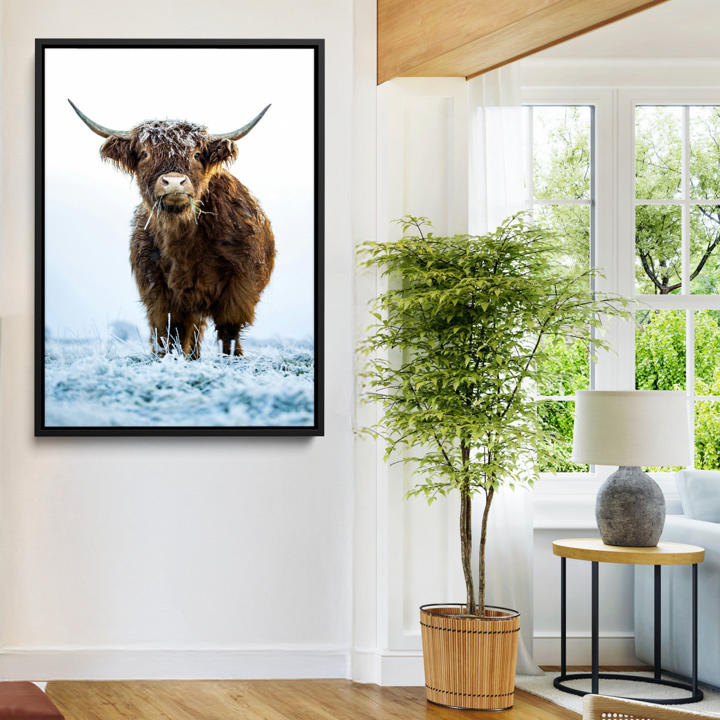 13375128-MGV-CV-36X24-Highland Cow Canvas Print, Frosty Grass Print, Framed Winter Scene Art Print, Large Horned Animal Printing Rustic Farmhouse,