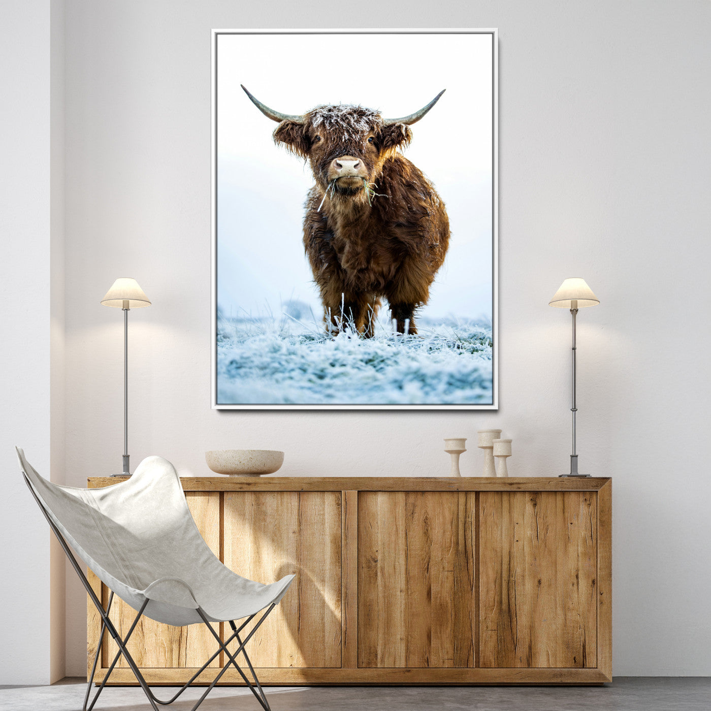 13375128-MGV-CV-36X24-Highland Cow Canvas Print, Frosty Grass Print, Framed Winter Scene Art Print, Large Horned Animal Printing Rustic Farmhouse,